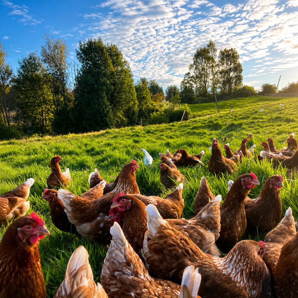 Gallinas ponedoras a campo abierto de Huevos Cotoco pastando en Ancud, Chiloé